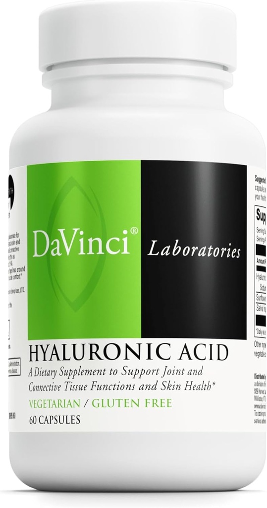 DaVinci Labs Ácido hialurônico - Suplemento dietético para apoiar a articulação, cartilagem e saúde da pele* - Com ácido hialurônico, lecitina de girassol e pó de salvia hispânica - sem glúten - 60 bonés vegetarianos