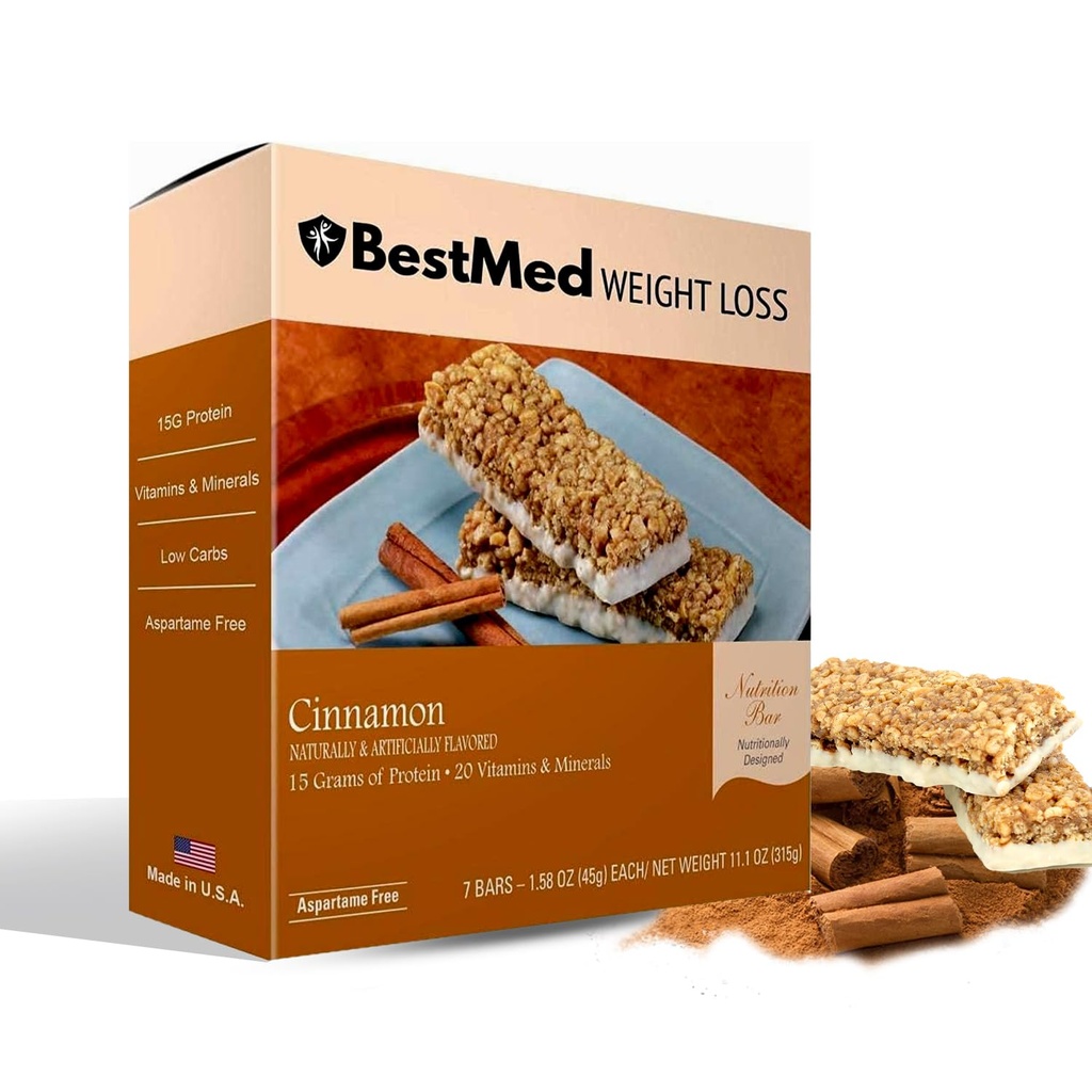 BestMed - Barra de Nutrição de Alta Proteína - Baixo Carbono, 15g de proteína, Baixo Açúcar, Baixa Caloria, Barra de substituição de refeições (Cinnamon, 1 caixa - 7 contagem)