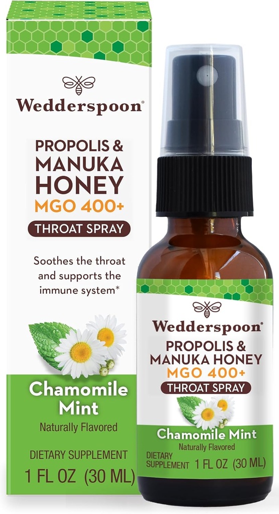 Wedderspoon Própolis e Manuka Honey Throat Spray, Camomila e hortelã, 1 Fl Oz (Pacote de 1), Alívio da Garganta Dolorida, Suporte Imune Natural