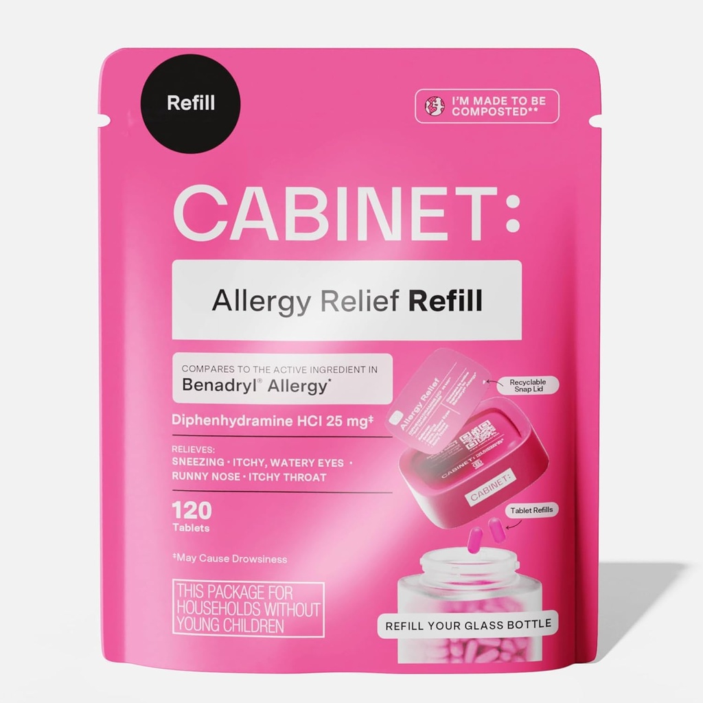 Gabinete: Difenidramina 25mg Alergia Alívio Anti-histamínico Comprimidos para Alergias, Febre de Hay, e Nariz Runny, 120 Comprimidos (Refil Pouch)