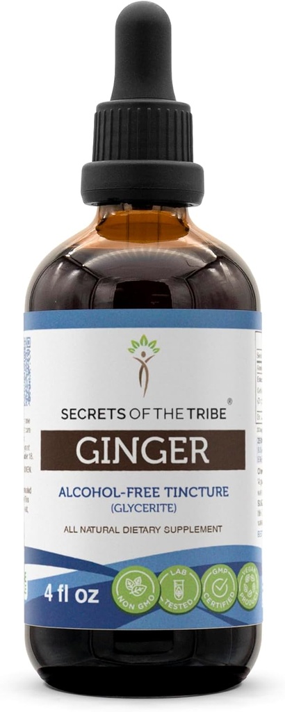 Segredos da Tribe Ginger Tincture Alcohol-Free Extract, Ginger (Zingiber officinale) Secado Raiz 4 OZ
