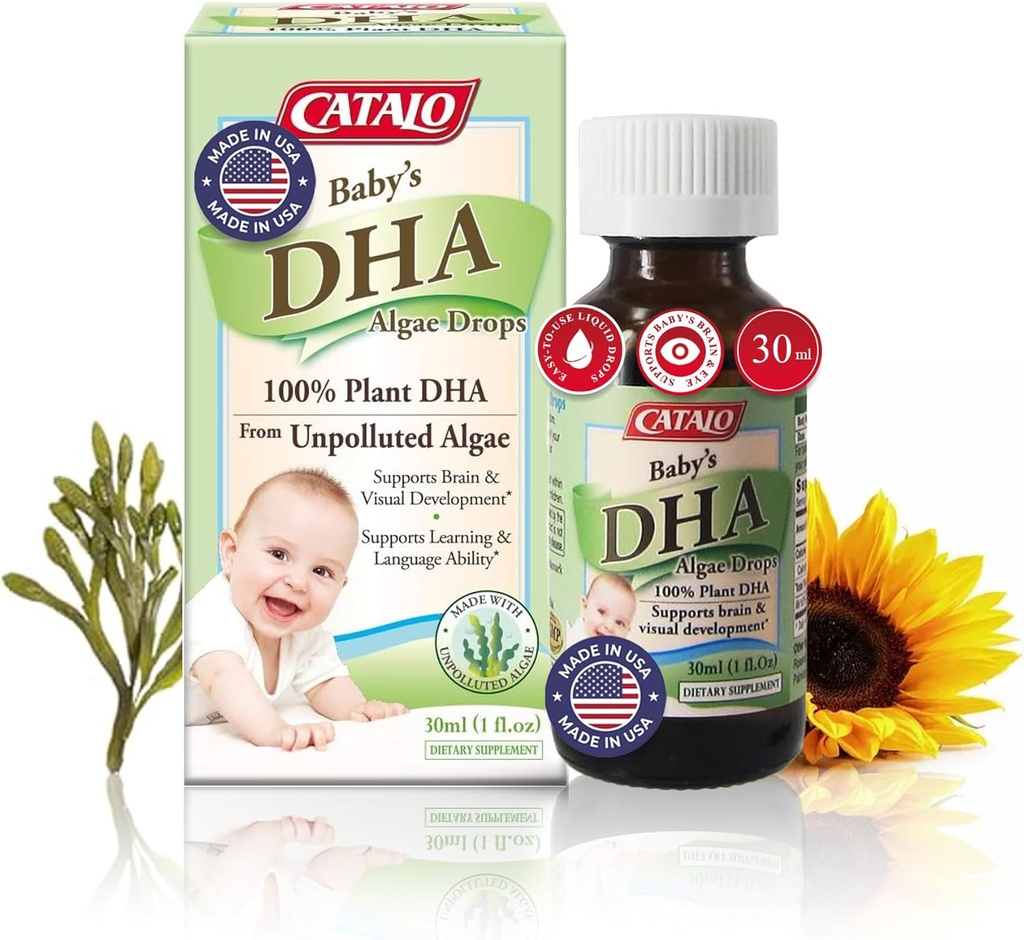 Alga do bebê de CATALO DHA Drops - Suplemento Omega-3 baseado em plantas para lactentes - Sem óleo de peixe, sem aditivos artificiais - Suplementos DHA líquido fácil de usar - 30ml (1 fl oz)