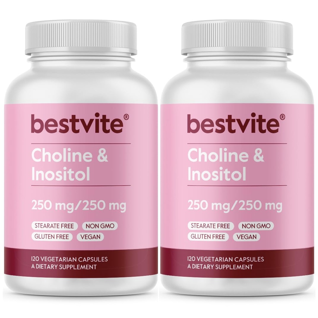 BESTVITE Choline Inositol 500mg (240 Cápsulas vegetarianas) (120 x 2) - Sem Estearato - Sem Fosfato de Dicálcio - Sem Enchidos - Vegan - Não OGM - Glúten Livre