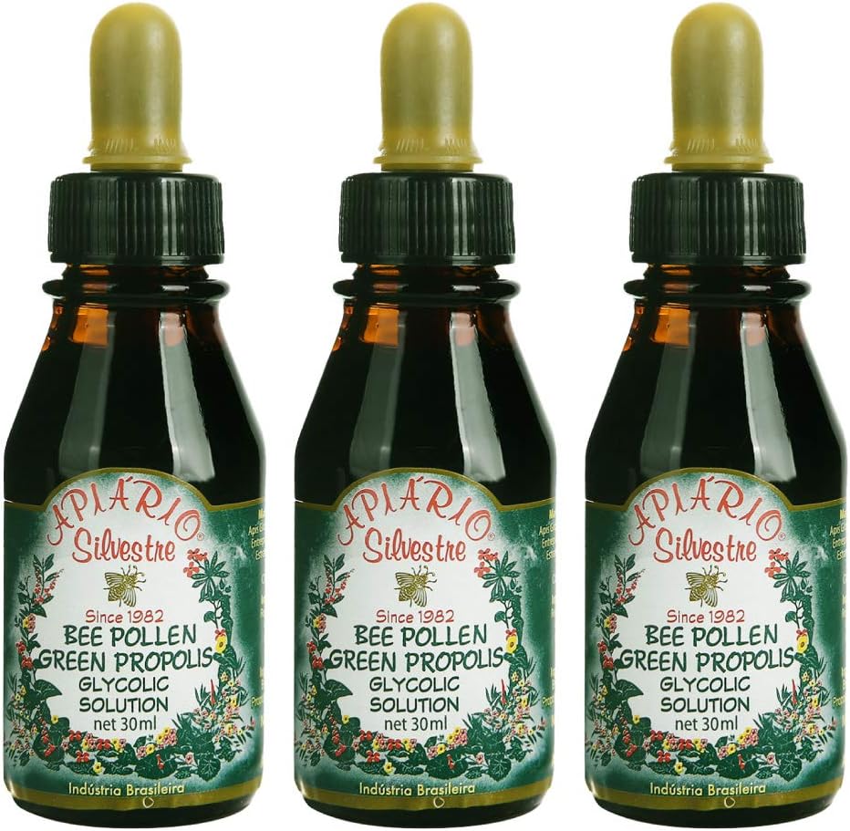 3 Garrafas de Apiario Silvestre Bee Polen & Brasil Green Bee Propolis Liquid - Extrato glicólico-Não Alcoólico, Cera Livre, Açúcar Livre