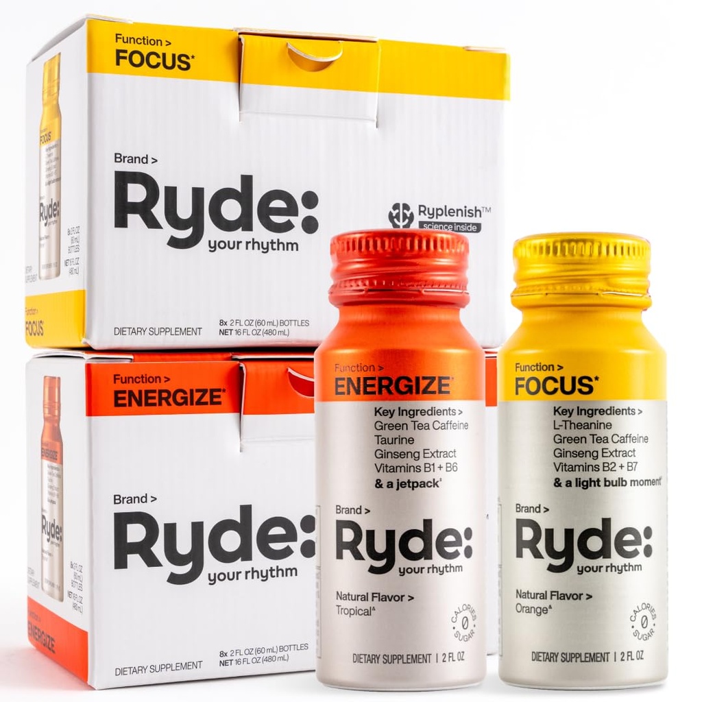 RYDE Shots □ Energizar + Foco □ Vitaminas B Essential e Cafeína; Calorias Zero, Açúcar Zero