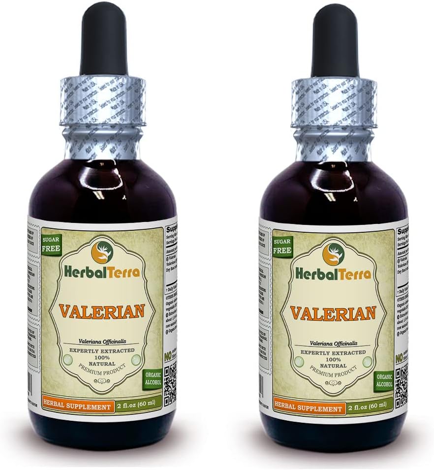 Tintura de Valeriana (Valeriana officinalis), Extrato Líquido de Raízes Secas Orgânicas (Nome da marca: HerbalTerra, Feito orgulhosamente nos EUA) 2x2 fl.oz (2x60 ml)