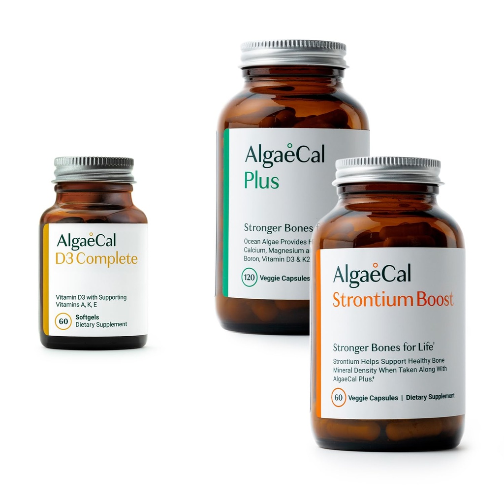 Pacote de Saúde Óssea ALGAECAL - D3 Completo (1000 UI) + K2, Vitamina E, Vitamina A e Cálcio Baseado em Planta Clinicamente Suportado para Aumentar a Densidade Óssea