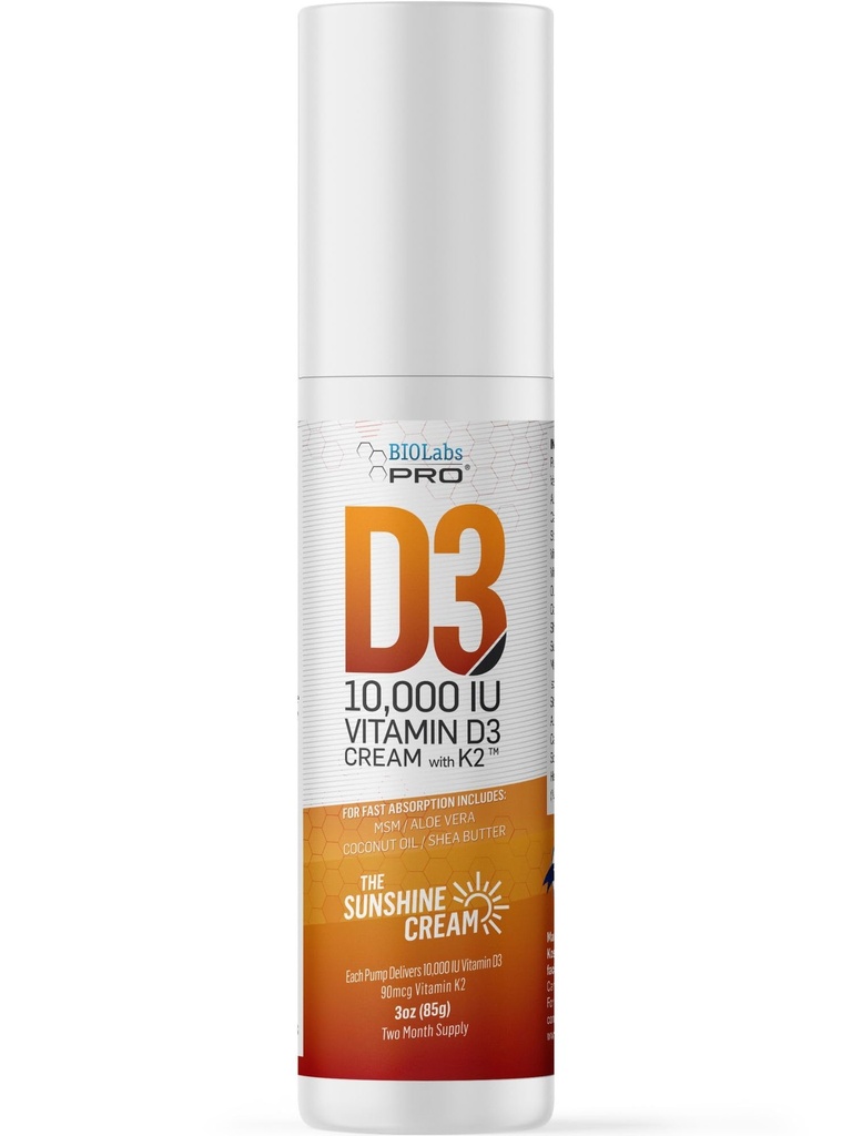 BIOLABS PRO Todos Vitamina D3 Natural 10000UI Vitamina D Creme - Força Máxima - Combater a Deficiência Vitamina D Naturalmente - com Vitamina K2 & Extrato de Folha de Oliva - Seguro e Eficaz (10,000UI - 3.0oz)