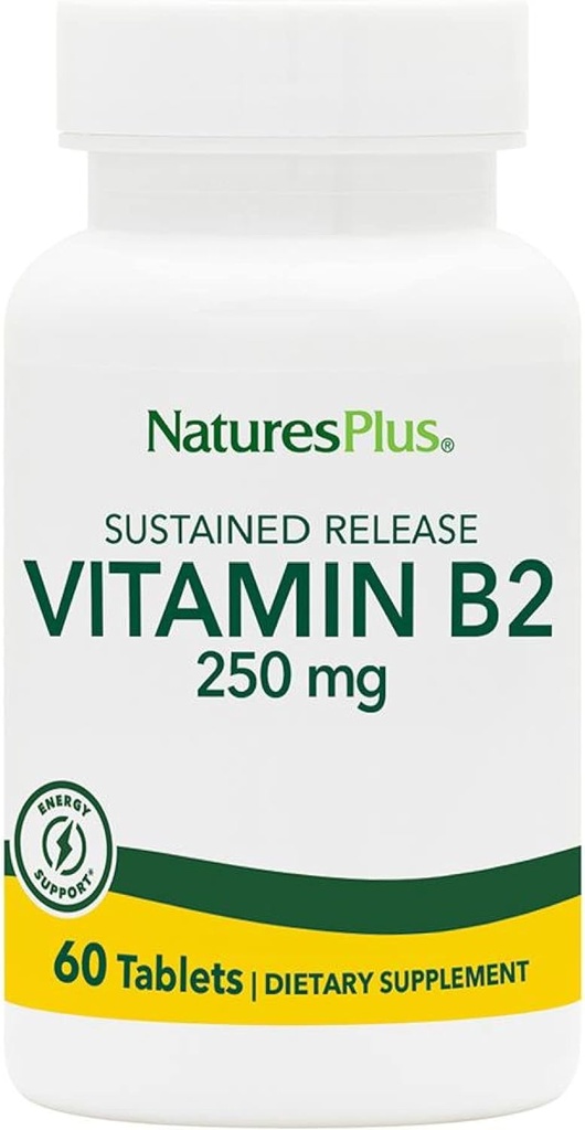 NaturesPlus Vitamina B2 (Riboflavina) - 250 mg, 60 Comprimidos Vegetarianos, Libertação Mantida - Energia Natural & Impulsionador de Metabolismo, Promove a Saúde Geral - Sem Glúten - 60 Servimentos