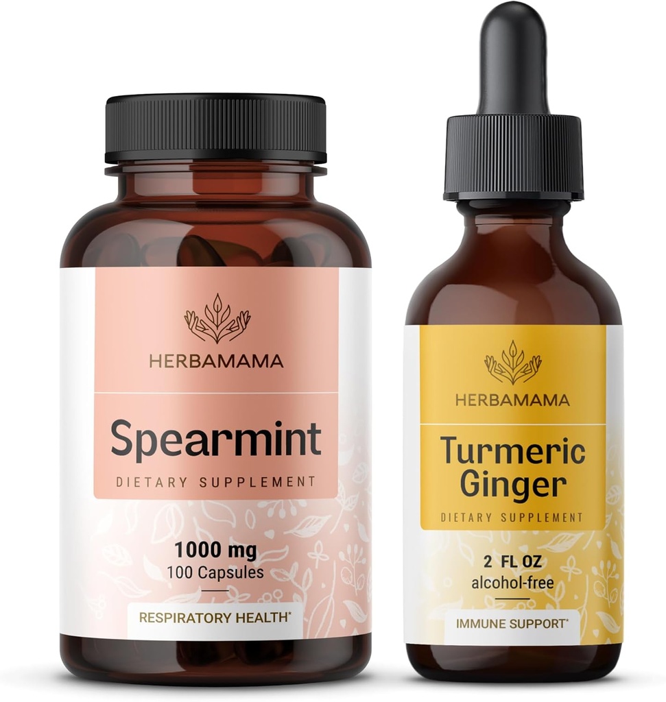 HERBAMAMA Spearmint and Turmeric Ginger Kit - Pacote de 1000 mg Spearmint Leaf Cápsulas & Turmeric Ginger Tintura 2 fl oz - Vegan, Não-GMO, Açúcar & Alcohol-Free - 2 Pack