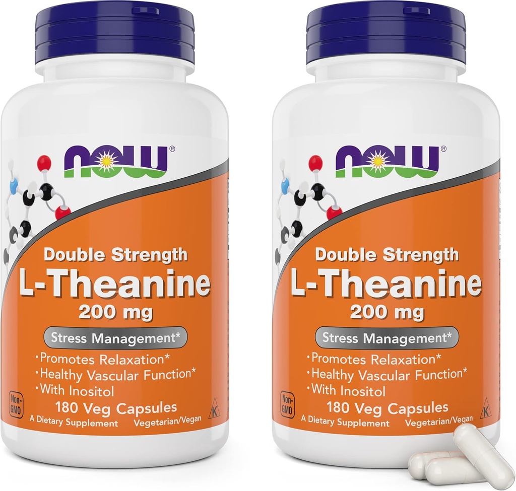AGORA Alimentos L-Teanina, Dupla dosagem 200 mg por tampa - 180 Veg Cápsulas (Pacote de 2) (360 Total de cápsulas) - Melhorado com 100mg Inositol - Vegetariano, Não-GMO - Ltheanina 200mg Suplemento