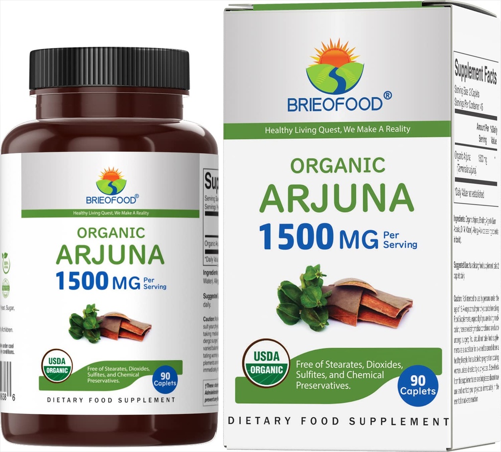 Brieofood Organic Arjuna 1500mg, 45 Servings, Vegetarian, Gluten Free, 90 Tablet Vegetarian