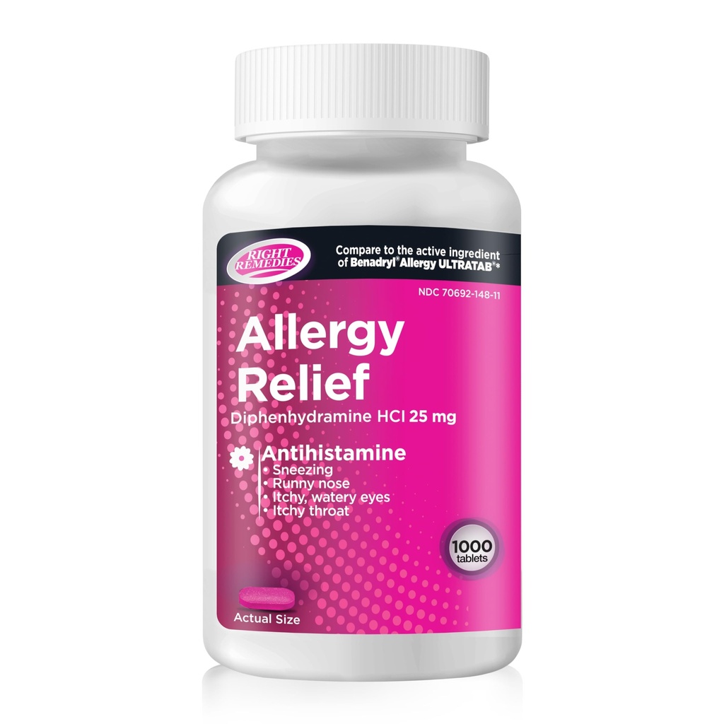 Alergia Alívio Anti-histamínico, Difenidramina HCl 25mg, Genéricos Benadryl Ultratabs, Alivia Alergias Sazonais Interiores ou Ao Ar Livre Alta Respiratória, Contagem 1000