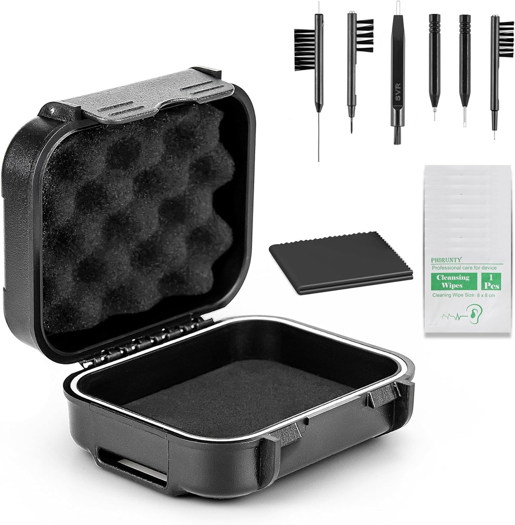 18 peças definir alto selo impermeável caso de aparelho auditivo com esponja extraível, drop-proof, Shock-Proof e esmaga-proof caixa de armazenamento, acessórios de próteses auditivas com limpeza Kits Ferramenta de limpeza
