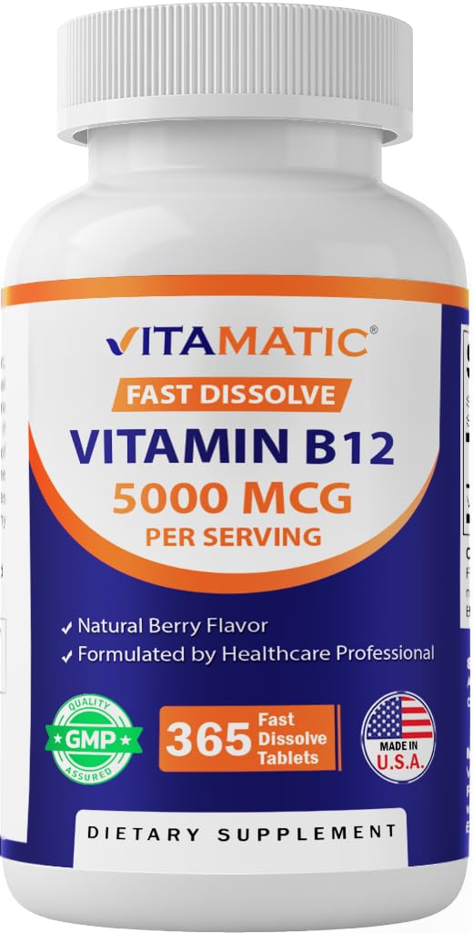 Vitamina Vitamática B12 5000 mcg – 365 comprimidos de dissolução rápida Berry Flavor – Suporta Produção de Energia e Saúde do Sistema Nervoso – Não-GMO, Sem glúten
