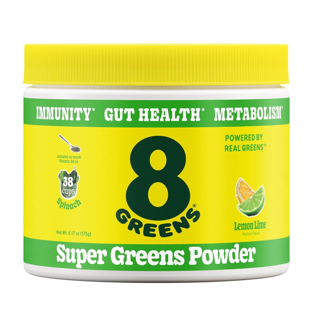 8Greens Super Greens Powder □ Superalimentos de mistura prebióticos e probióticos para a saúde da tripa, metabolismo, desobstrução, com fibra, enzimas digestivas, orgânicos: espirulina, chlorela, limão, 25 Servings