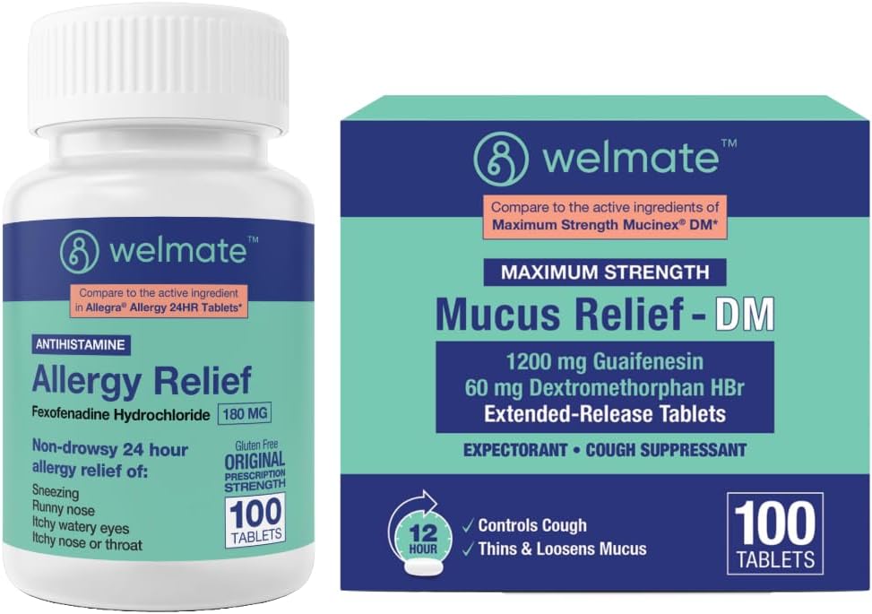 WELMATE Pacote completo de alívio de alergia e congestionamento: Fexofenadina HCl 180mg Anti-histamínico não-drowsy (100 Ct) + alívio de muco DM 1200mg Guaifenesina & 60mg DXM (100 Ct) .