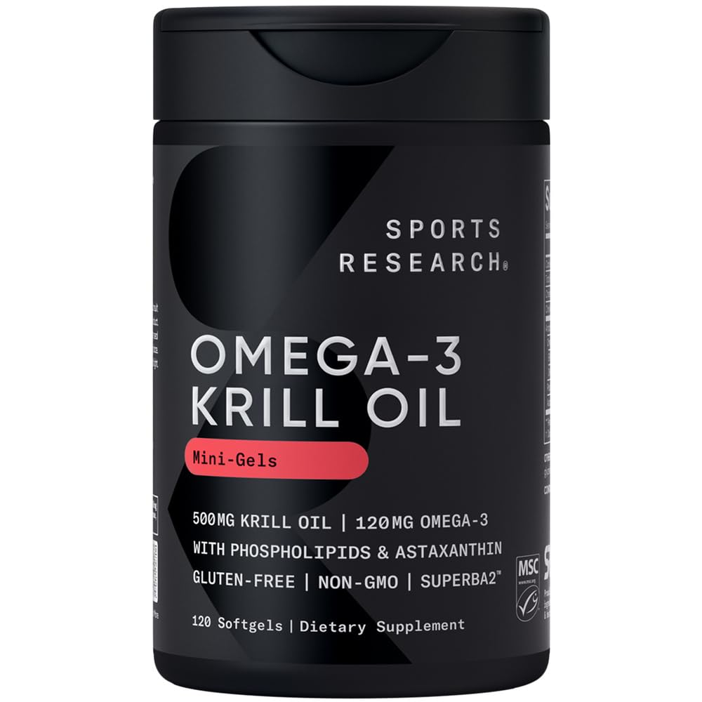 Sports Research Krill Oil Supplement with EPA & DHA Omega 3, Phospholipids & Astaxantina from Antártico Krill - Maior Concentração de Krill Oil para Homens e Mulheres - 500mg, 120 Cápsulas Softgel
