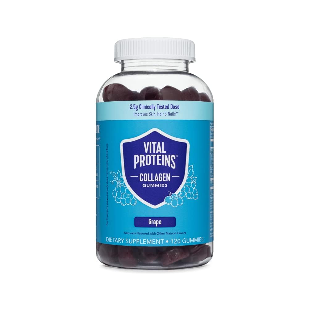 Proteínas Vitais Gummies de colágeno, 2,5g de Colágeno Clinicamente Testado para Cabelo, Pele, Unhas e rugas, 120 ct, Fonte de 30 dias, Sabor de uva