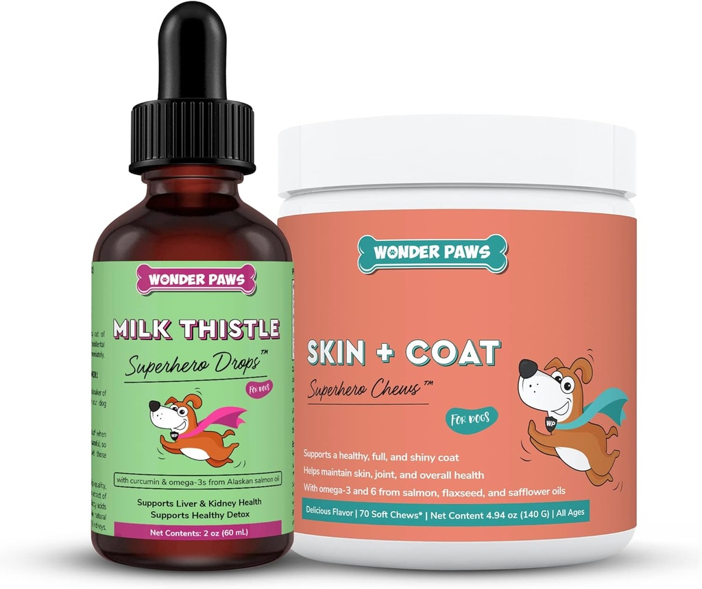 WONER PAWS Milk Thistle Drops Plus Skin + Coat Soft Chews - para cães Suporte de fígado e rim, Detox & pele e revestimento saúde - Milk Thistle 2 Aves - Pele + Revestimento 70 Mastigações