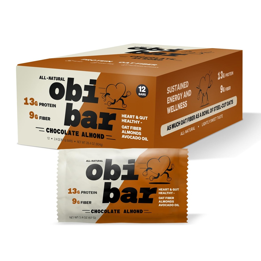 Obi Bar Chocolate Amêndoa - Proteína e aveia Fiber Bar - All-Natural Energia Sustentado - Ligeiramente doce sabor 100% Cacau, Amêndoa Chunks - Made with AVOCADO OIL - Ovo White Protein