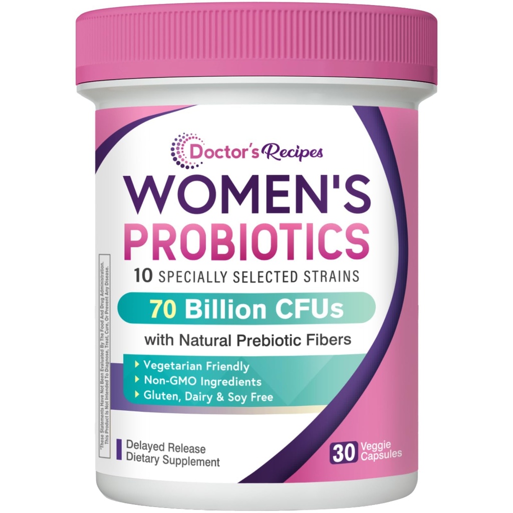 Receitas médicas Probióticos para Mulheres, Prebióticos Orgânicos e Probióticos, 70 bilhões UFC, 10 Strains, prateleira estável, 30 cápsulas