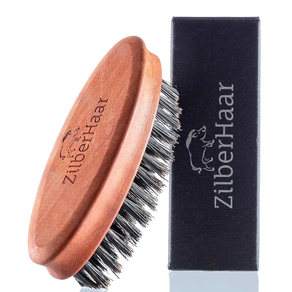 ZilberHaar bolso Bigode e escova de barba - Stiff Boar Bristles pequeno escova - perfeito barba Grooming Ferramenta - Alivia coceira barba - curto e médio - Made in Europe
