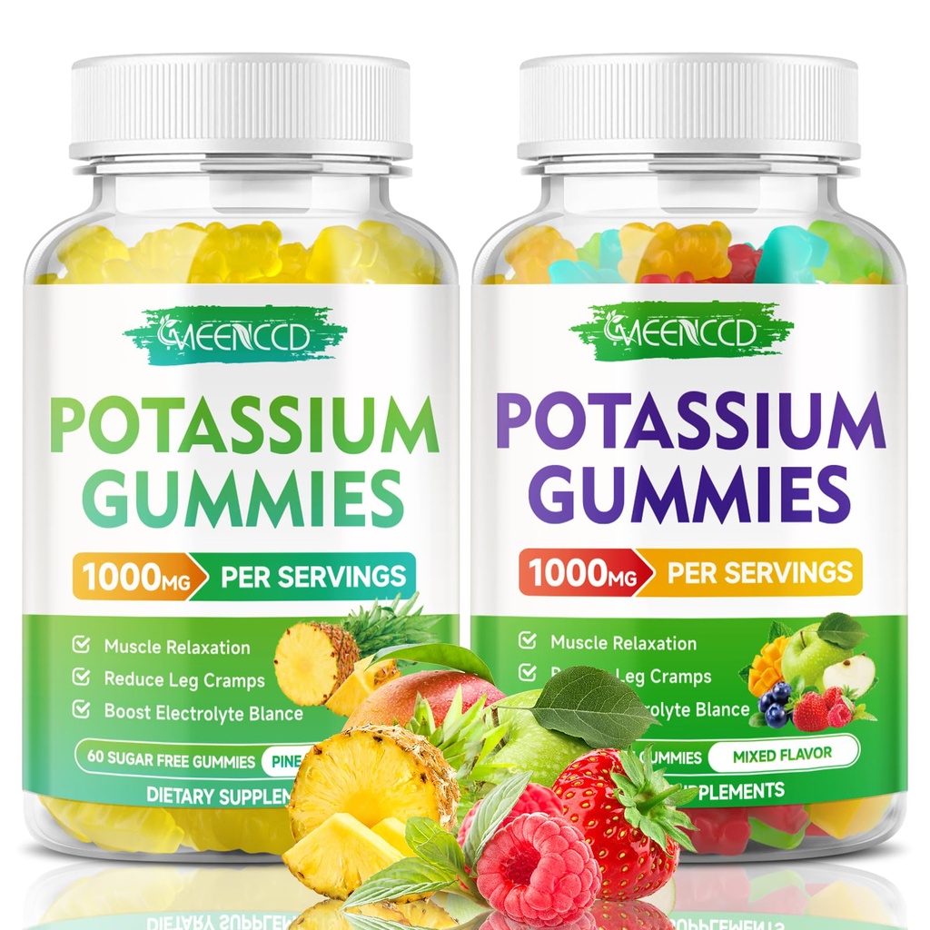 Gomas de citrato de potássio 1000mg, pastilhas de alta potência Suplemento de potássio para adultos Mulheres e homens, pastilhas de potássio apoiar Cãis de perna e saúde muscular, abacaxi & sabor de frutas mistas