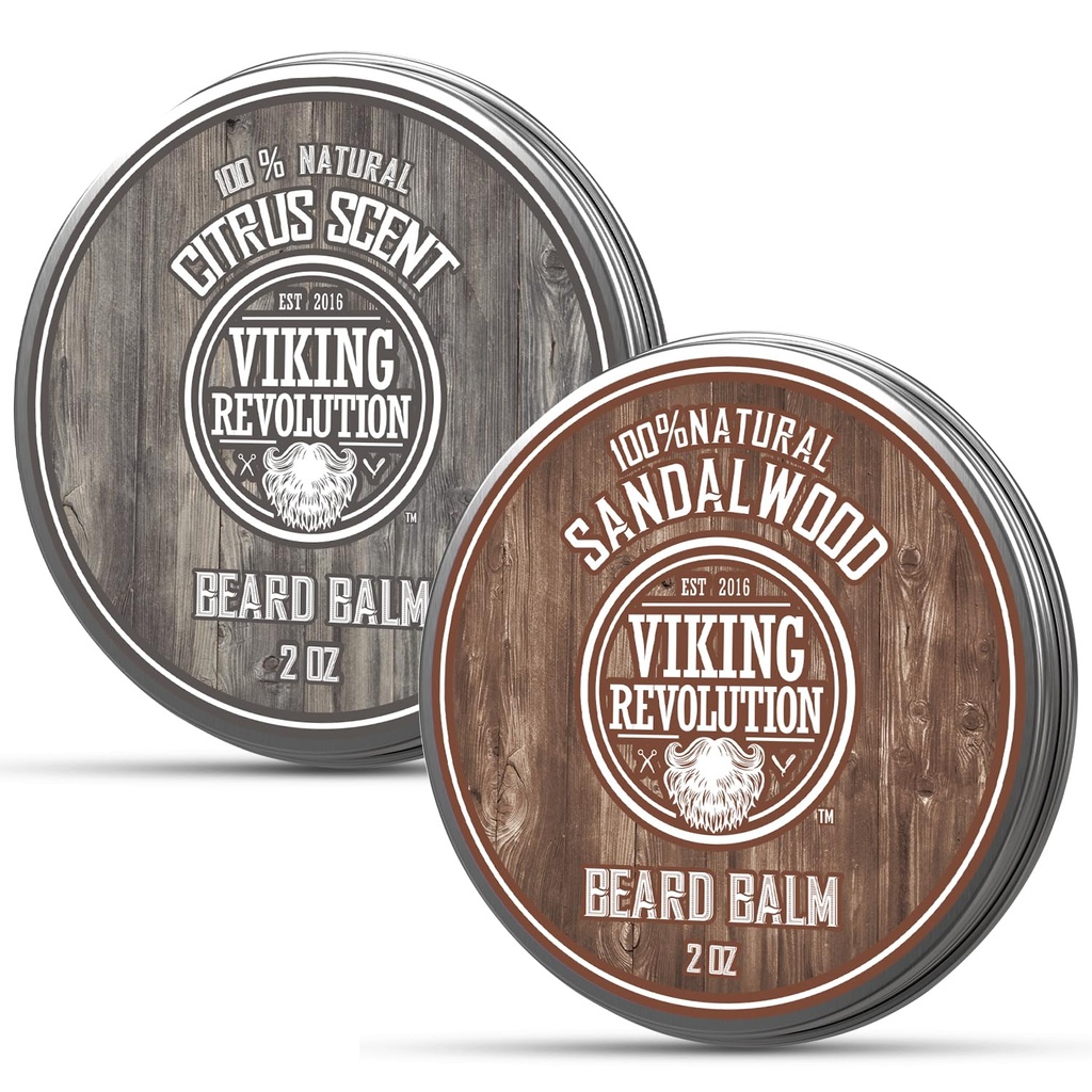 Viking Revolution Citrus and Sandalwood Beard Balm - Manteiga com óleo de Argan, amaciador com óleo de Jojoba, hidratante com cera de abelha - Cera para homens com manteiga de manga (2 oz, 2 pacote)