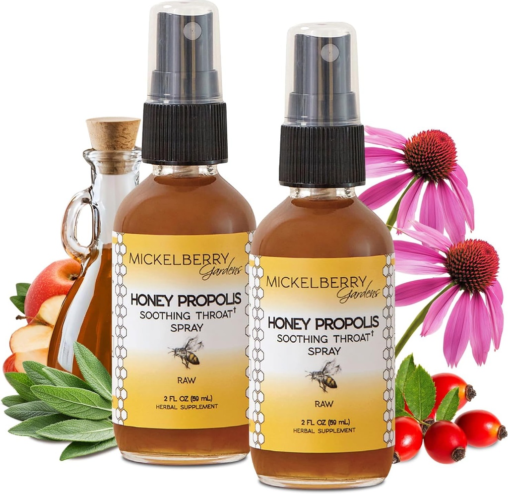 Mickelberry Gardens Honey Propolis Garganta Spray - Aliviação da Garganta Dolorosa e Própolis Imune Suporte para Adultos e Crianças - Fórmula de ervas e mel (2 oz, 2 pacote)