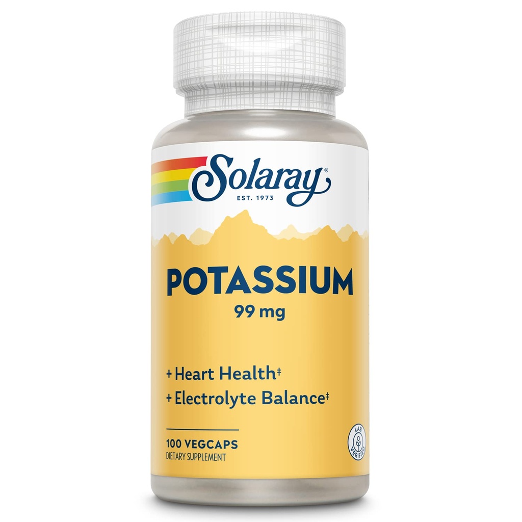 Solaray Potássio 99 mg - Equilíbrio Electrolítico Fórmula - Suplemento de Potássio para Eletrólitos, Vascular e Apoio à Saúde do Coração - 60 dias de garantia de volta do dinheiro, Lab verified, 100 Servings, 100 VegCaps