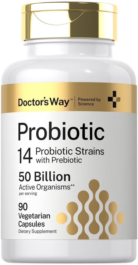 Doctor's Way Probiótico Suplementar 50 bilhões de órgãos ativos, 90 cápsulas, 14 Strains com prebiótico, para homens e mulheres, vegetariano, não-GMO, sem glúten