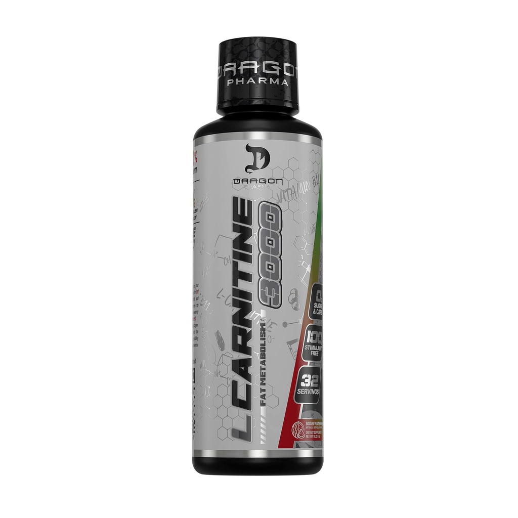 DRAGON PHARMA L-Carnitina 3000, Suplemento Aminoácido, Aumentar a energia disponível e exercitar-se mais forte, Suporta Controle de Apetite (32 Servões, Melancia azeda)