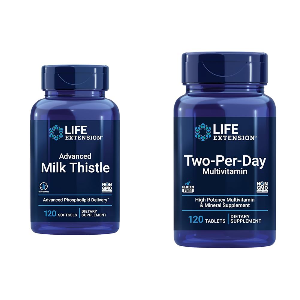Extensão de vida Advanced Milk Thistle 120 Softgels e dois-por-dia de alta potência multi-vitamina & Mineral 120 Tablets Bundle