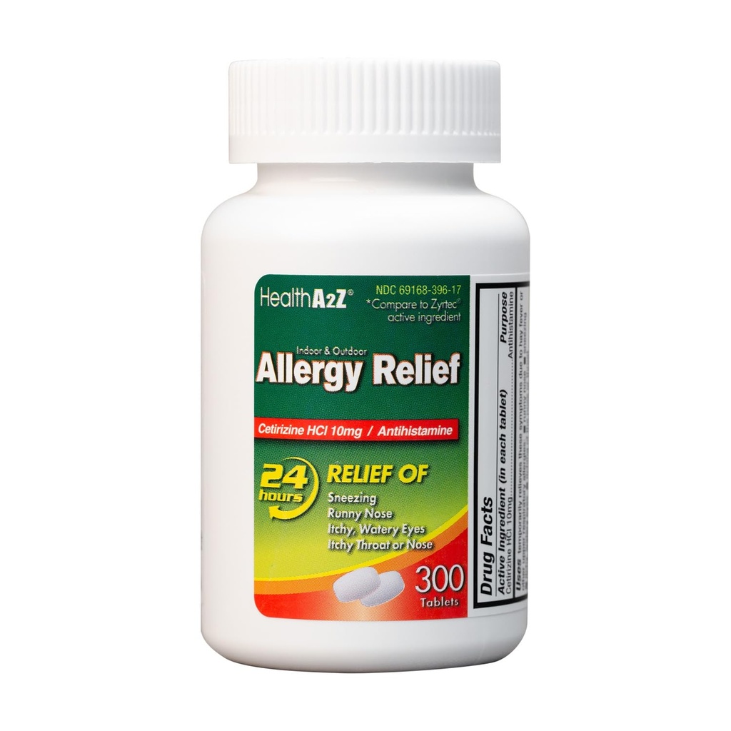 HealthA2Z® Alergia Alívio .Cetirizine 10mg . Todo o dia Alergia Alívio . Indoor & Outdoor .Alívio de Itchy Garganta, Espirros, Runny Noses (300 Conde de 1))