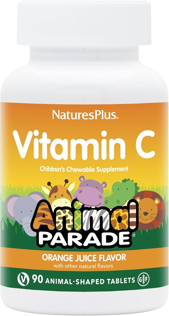 NaturalsPlus Animal Desfile Vitamina C Mastigável para crianças - Natural Orange Juice Flavor - 90 Animal-Shaped Tablets, Pacote de 2 - Vegan, Vegetariano, Glúten Grátis - 90 Total Servings