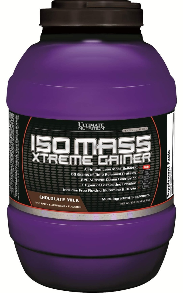 Ultimate Nutrition ISO Mass Xtreme Gainer, Peso Gainer Protein Powder com Creatina, 60 Grams of Protein, Whey Isolate Protein Powder for Lean Muscle Gain, 10 LBS with 30 Servings, Chocolate