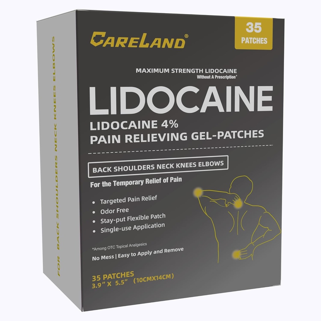 CARELAND 4% Lidocaína Gel Patch, 35 Count máxima força Patches dor para alívio muscular no pescoço Joelho de costas e ombros unscented Patch para acalmar nervos, articulações