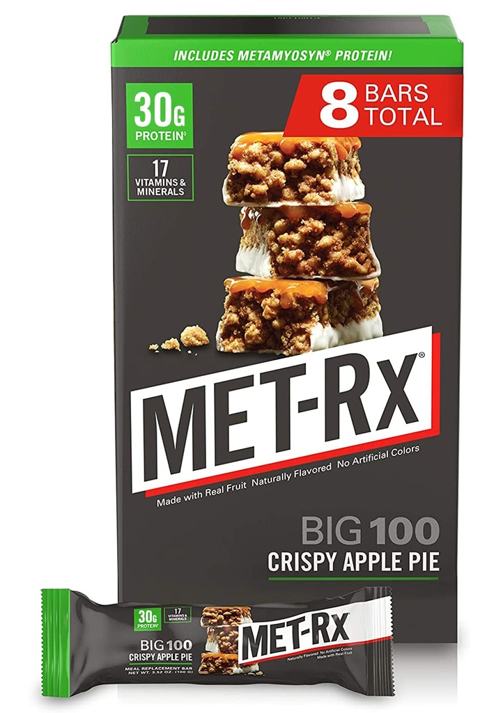 MET-Rx Big 100 Protein Bar, Substituição de Refeição, 30G Protein, Gluten Free, Torta de Apple Crispy, 3,52 oz. ea, 8 Count (Packaging May Vary)