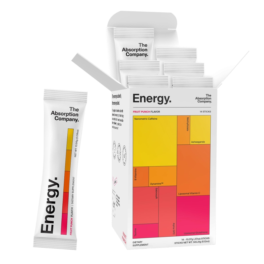A empresa de absorção Energia Drink Powder Mix Packets – Impulsor de energia limpa para apoiar alerta com 150mg de cafeína natural e vitamina C – Fruit Punch Flavor, 14 Sticks