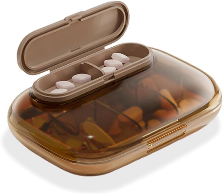 Pequeno caso de pílula de 7 dias, caixa de vitamina compacta semanal, dispensador portátil de pílulas de viagem, medicamentos elegantes e suplementos Organizador (marrom)