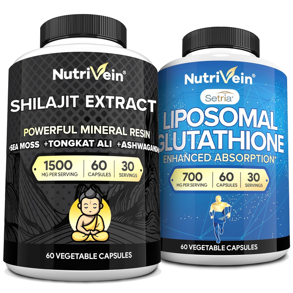 Cápsulas Nutrivein Premium Shilajit & Suplemento Lipossômico Glutationa Bundle: Cápsulas de Alta Absorção Glutationa Lipossoma & Shilajit para Homens e Mulheres - Fígado, Detox, & Vitalidade