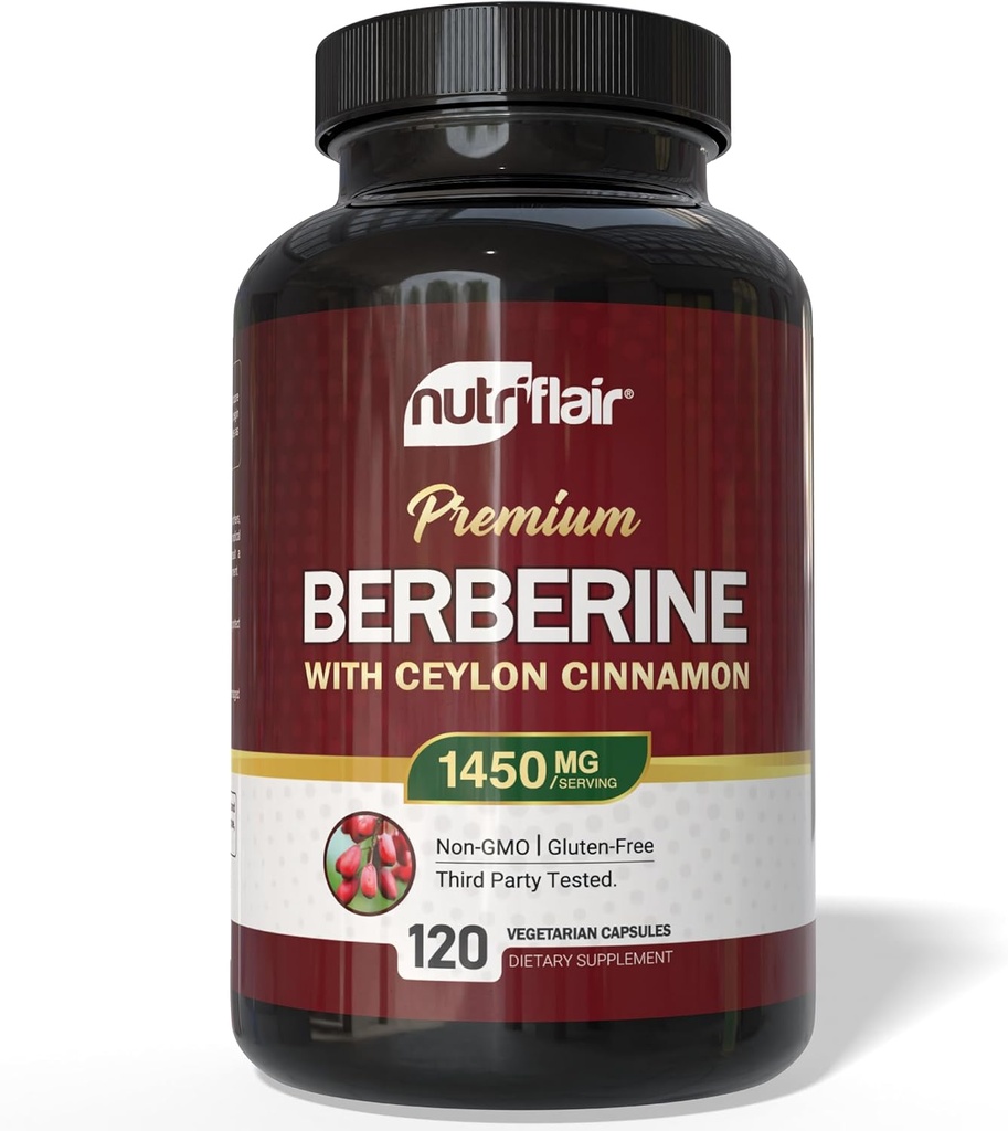 NutriFlair Berberine com Ceilão Canela 1450mg Suplemento – 120 Cápsulas □ Fórmula de alta potência com Berberine HCl & Ceilão orgânico Canela □ Não-GMO, Vegan, Sem glúten