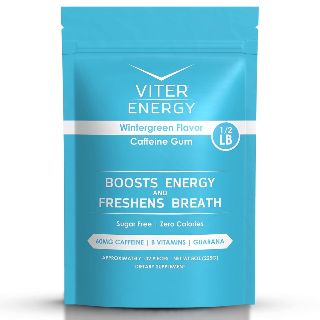 Viter Energia Gum cafeína 60mg Cafeína, B Vitaminas, Guaraná, Açúcar Livre. (Wintergreen, 8 onças, Bolsa em massa)