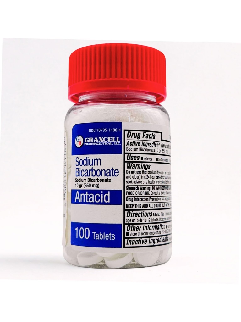 Comprimidos de Bicarbonato de Sódio - USP 650mg (10 grãos) - Alivio da indigestão ácida, azia, estômago azedo e estômago abafado
