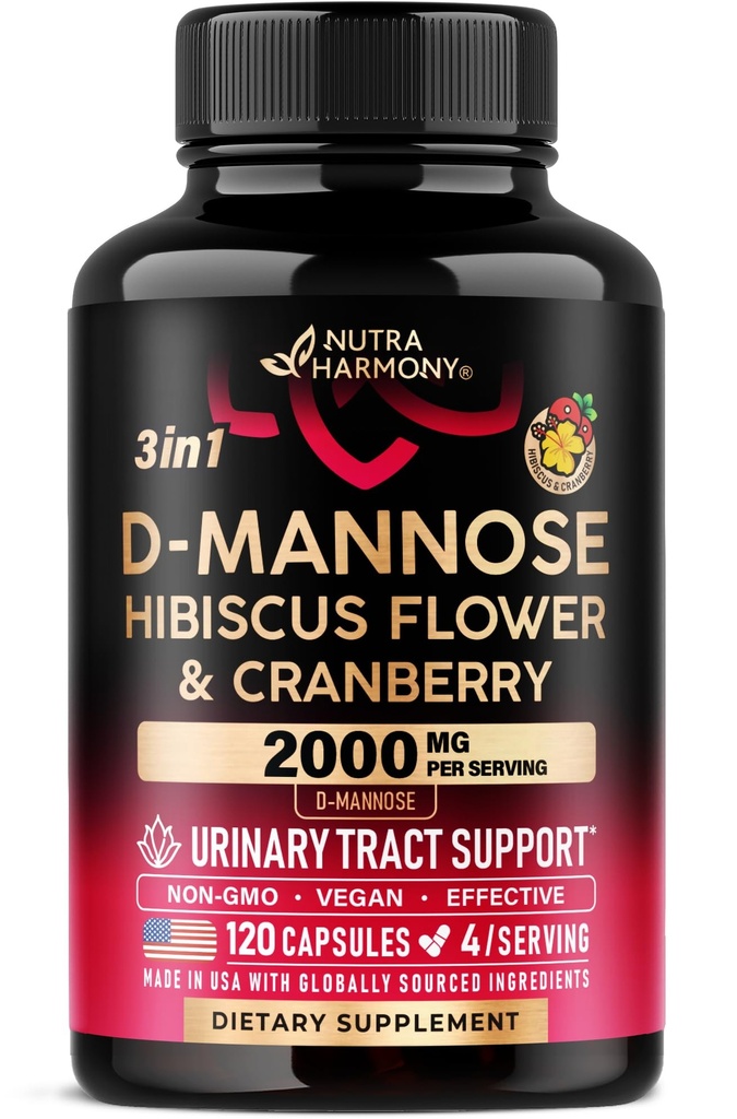 D-Mannose 2000mg com Cranberry & Hibiscus - Clinicamente testado força para a saúde do trato urinário - Suplemento para as mulheres - Bladder, Fígado & Microflora Suporte - Made in USA - Vegan, 120 Cápsulas