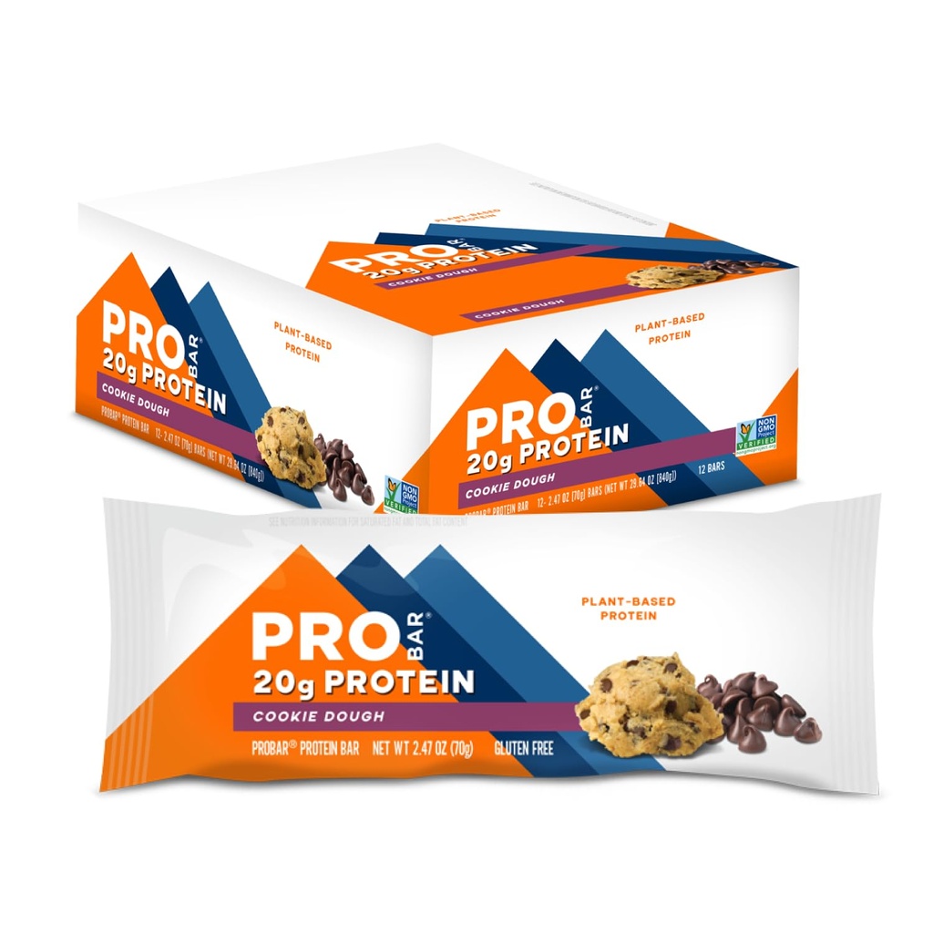 PROBAR - PROTEIN Bar, Cookie Dough, Non-GMO, Gluten-free, saudável, planta-baseada, Ingredientes de alimentação inteira, Energia Natural (12 contagem)