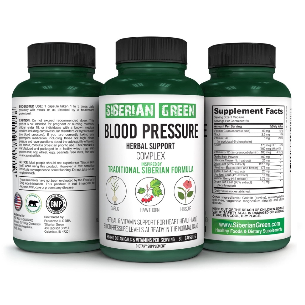 Siberiano Verde Sangue Cardio Pressure Herbal Support - Hawthorn, Hibiscus, Alho - 60 Cápsulas - Fórmula siberiana tradicional