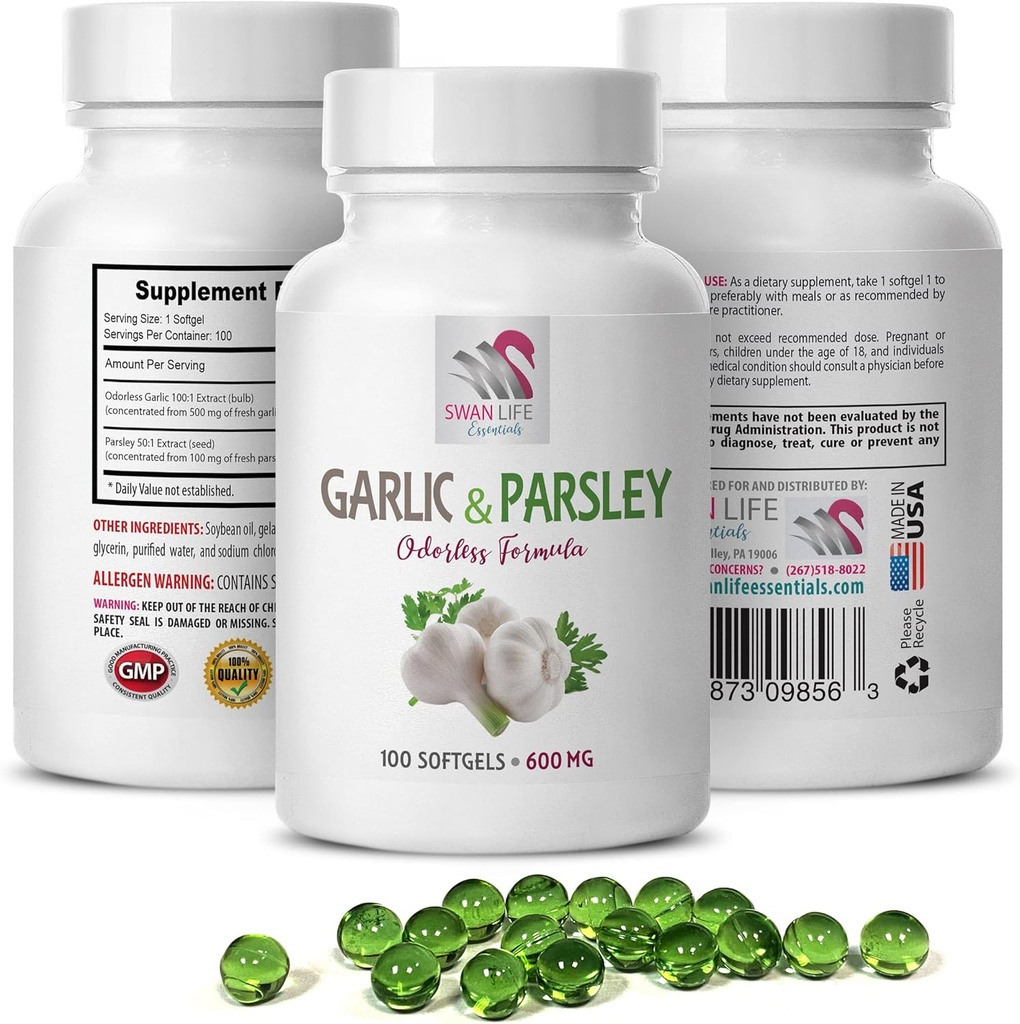 suplementos anti-oxidantes - GÁRLICA E PARSLEY FORMULA ODORLESS - suplementos de alho, alho e salsa, suplementos de salsa, suplementos de alho inodoros, salsa - 1B 100 Softgels