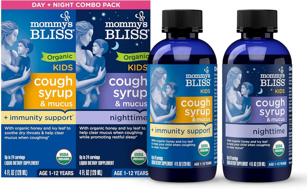 Mama's Bliss Organic Cough Syrup & Mucus para crianças, pacote de combinação dia e noite com vitamina C e suporte de imunidade, contém mel orgânico e folha de Ivy, 4 Fl Oz (Pacote de 2)